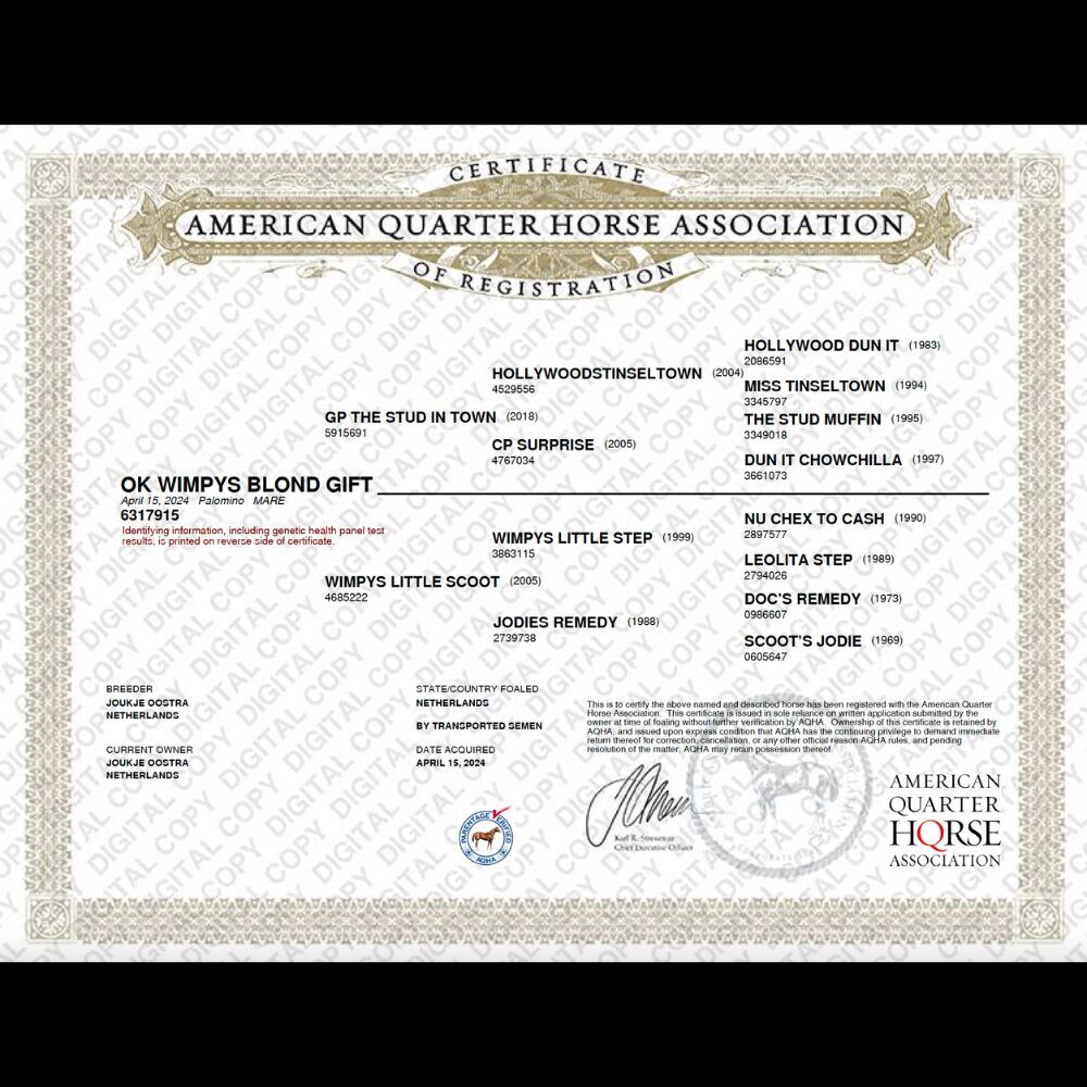 Certificate Pedigree Quarterhorse Association